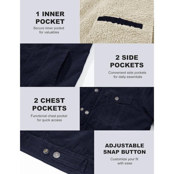 Mens Navy Corduroy Jacket Sherpa Lined Warm Winter Trucker Cargo Coat - Picture 6 of 7